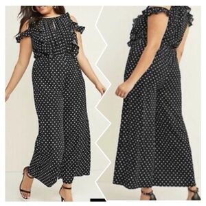 Lane Bryant polka dot pantsuit with ruffle detail.
